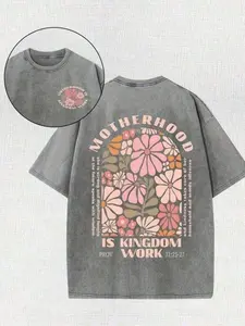 2026 "Motherhood Is Kingdom Work" Christian Graphic Tee | Double-Sided Print with Proverbs 31:25-27 & Floral Design, 230gsm Vintage Washed Cotton, Loose & Comfortable Street Style Summer Top