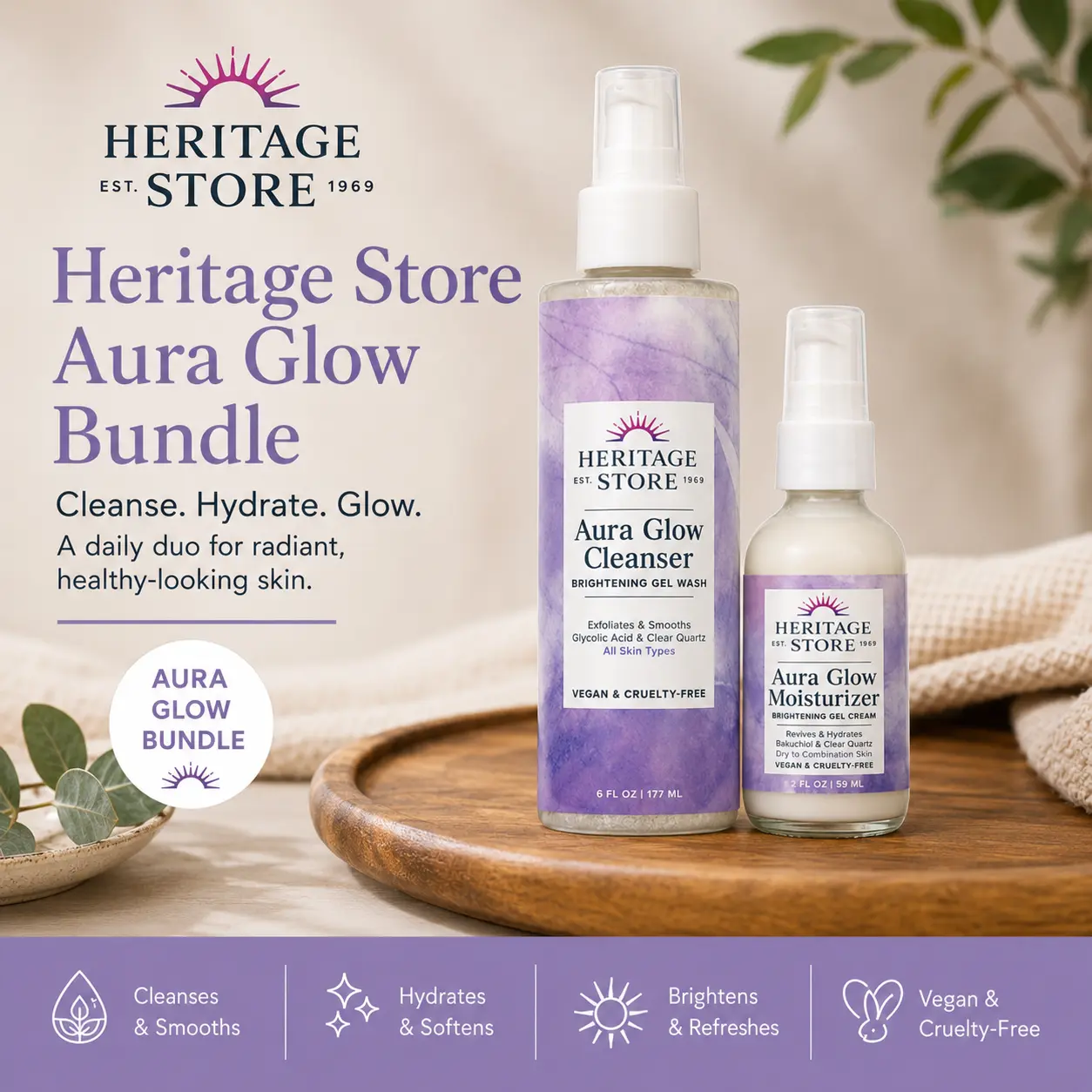 Aura Glow Bundle - Moisturizing & Brightening Gel Wash & Cream Set with Clear Quartz for Radiant Skin Care
