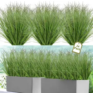 24 Bundles Artificial Plants Onion Grass Outdoor 20 Inch Tall Fake Shrubs Wheat Grass UV Resistant Greenery Stems Plastic Fake Greenery Faux Bushes Plant for Indoor Outdoor Garden Office Home Decor, Green
