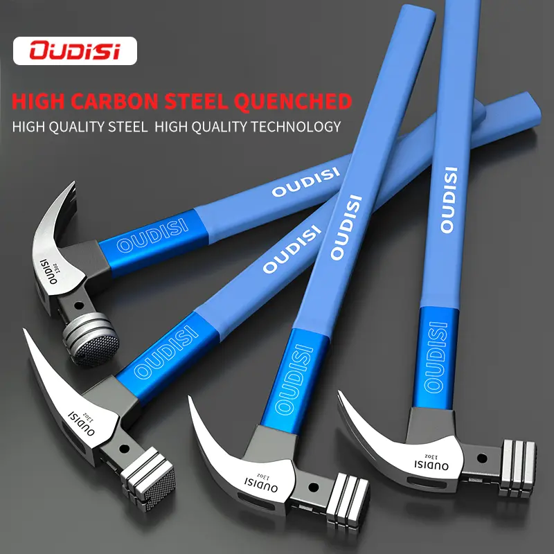 A multi-purpose claw hammer, forged from high-carbon steel with a horned head, featuring a shock-absorbing fiber straight handle, a non-slip striking surface hammer head, and a double-ended nail hammer.