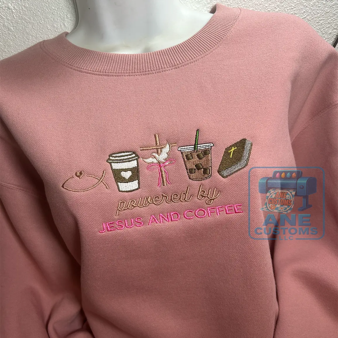 ANE CUSTOMS LLC Powered by Jesus and Coffee Embroidery Sweater - Elegant High-Quality Unisex Relaxed Fit Soft Cozy Fabric Classic Colors