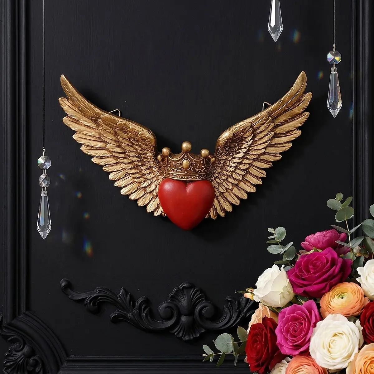 Resin Crown Heart Wings Home Decor Hanging Ornament, Handmade Wall Decoration, Living Room, Office, Shop, Party, Festival Decor, Decorative Hanging Piece