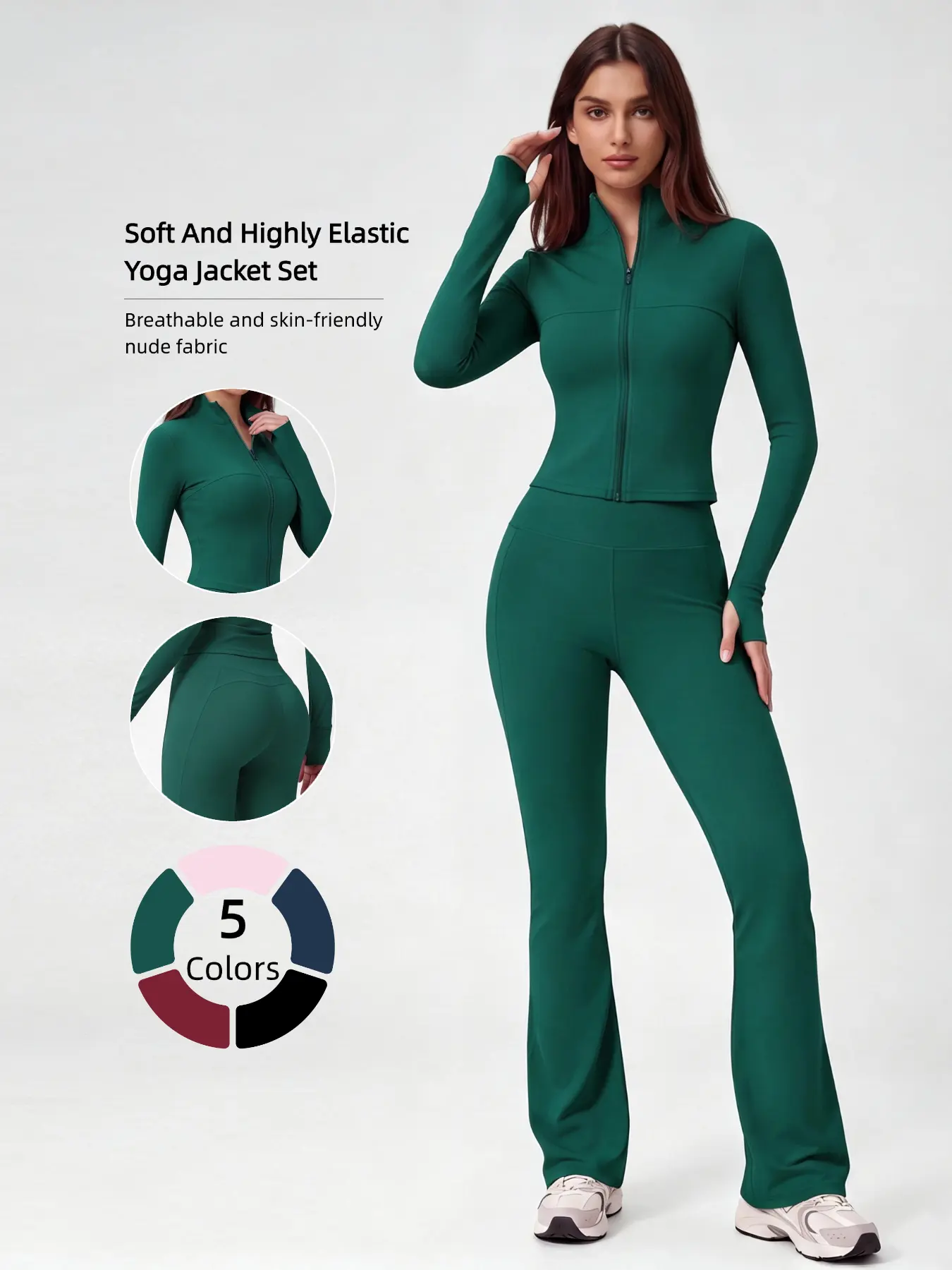 Women's 2 Piece Yoga Outfit Set, Zip Up Cropped Long Sleeve Jacket with Thumb Holes, High Waist Flared Leggings, Soft Stretchy Workout Tracksuit for Gym Running Casual Daily