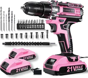 Drill, 21V Cordless Drill with Dual 2.0Ah Power Pack, Electric Drills 3/8 Inch Chuck 370 In-lbs, 25+1 Torque Power Combi Screwdiver Set with Power Pack and Charger, 2 Speed LED Light 29 Accessories