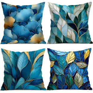 4pcs Abstract Turquoise Leaf Pattern Cushion Covers, Single-Sided Print, Living Room Bedroom Home Decor, All-Season Pillow Cases, No Insert Included