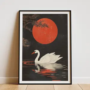 Swan Lake Poster Moonlit Swan Print Chinese Art Traditional Asian Art Nature Wall Art Serene Landscape Elegant Bird Art Paper Poster