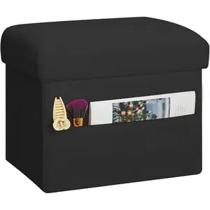 Small Ottoman with Storage, Folding Foot Rest Stool with Thicker Furry Padded Seat. Soft  Storage Ottoman Bench for Bedroom Living Room, Holds Up to 300 lbs, 17x13x13IN (Black)