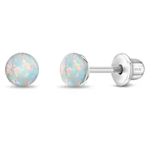 Opal Button 4mm Baby / Toddler / Kids Earrings Screw Back - Sterling Silver