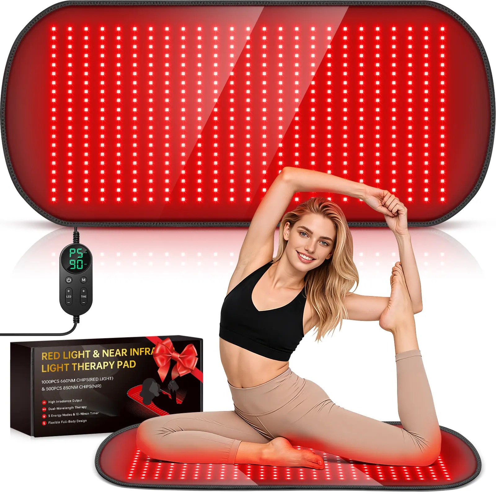 500 LEDs Red Light Therapy Pad for Body,  Tri-Chip Upgrade 660nm& 850nm Near Infrared Light Therapy Pad Wrap Belt Blanket for Body Back Waist Knee Joint, 90Min Timer, 35.4'' x 17'' Black