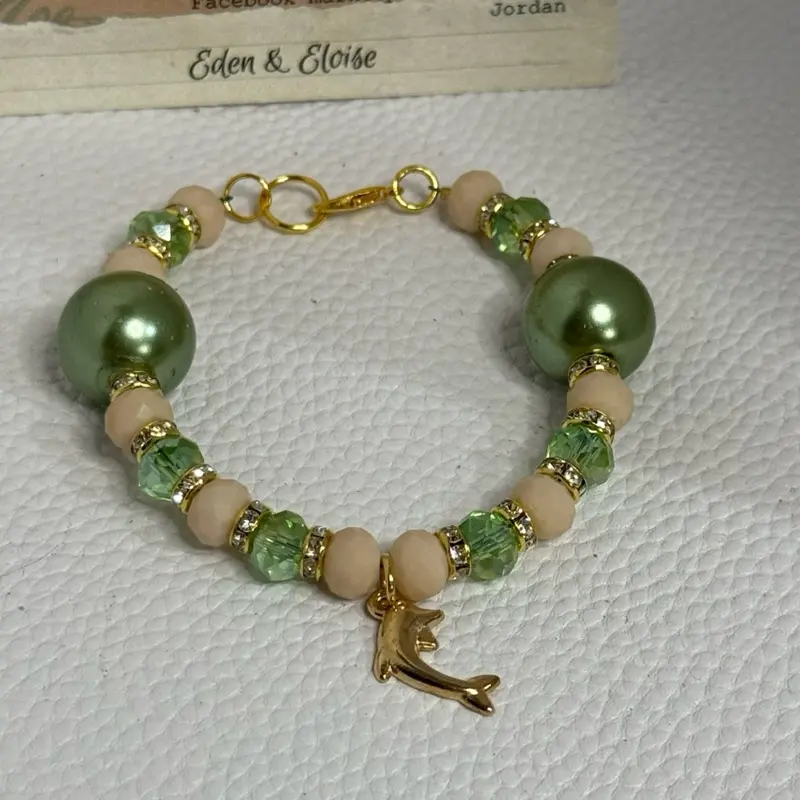 Eden & Eloise Green Pearl & Bead Bracelet with Dolphin Charm Gold Clasp Fashion Jewelry for Women