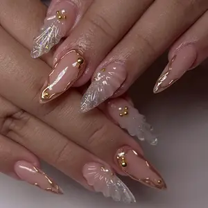Nude Pink Luxury Press On Nails, 3D Colorful Glitter Mermaid Tail Shell Texture with Gold Foil Lines and Gold Bead & Pearl Accents, Fairycore Elegant Long Almond Removable False Nails with Jelly Glue and Nail File