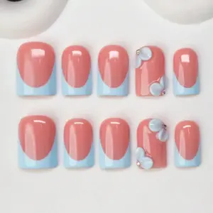 10pcs Handmade Square Nail Tips, Y2K Baddie Style, Nude & Blue Color French Tip With Floral Design, Suitable For Women & Girls, Party, Wedding, Daily Wear, Great Gift For Ladies Nails Nail Supplies Handmade Press On Nails, Nail Extensions