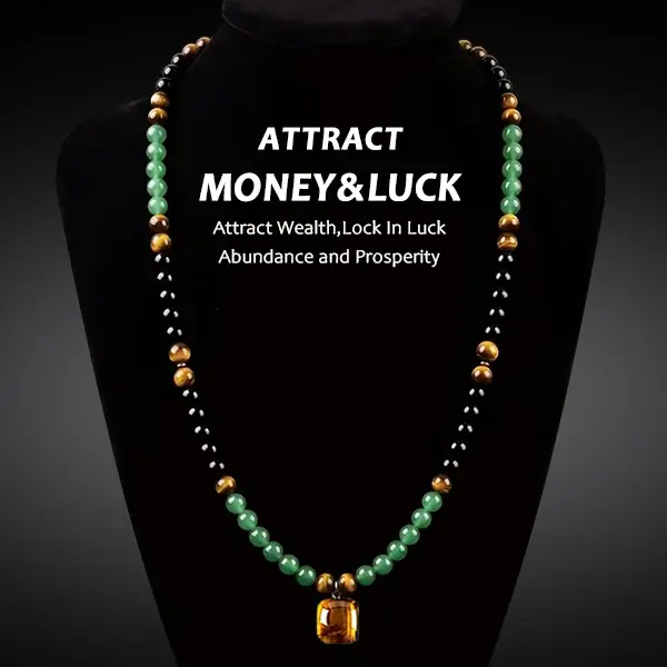 KROAFA money necklace featuring green agate and tiger’s eye stone pendants; healing crystal jewelry suitable for vacations and themed parties; can be used as a jewelry accessory or amulet; an ideal gift piece of jewelry for both men and women.