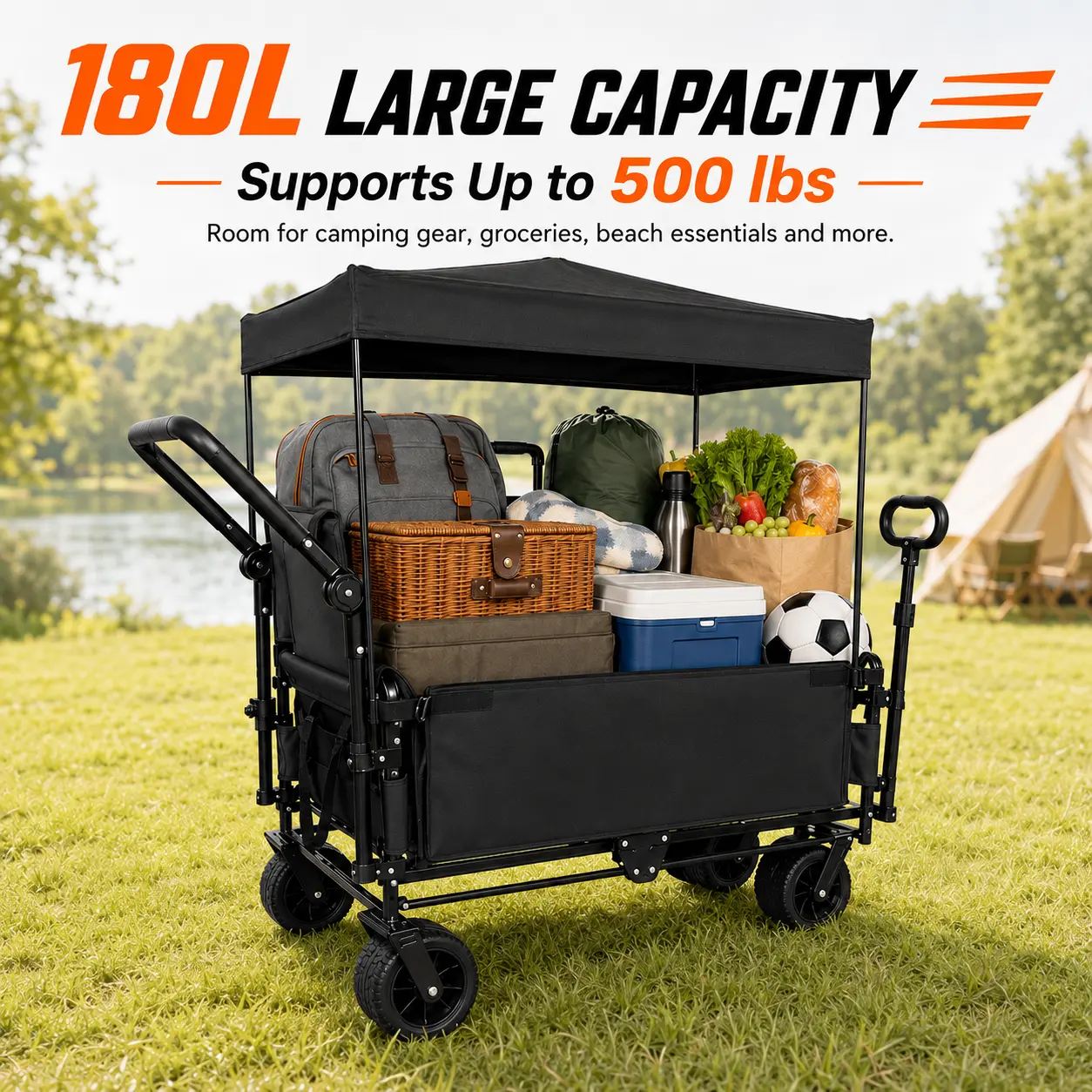 3-in-1 Collapsible Utility Wagon with Bench Seat, Removable Canopy & Brakes, 500lbs Large Foldable Cart All-Terrain Wheels for Garden Camping Shopping-0028