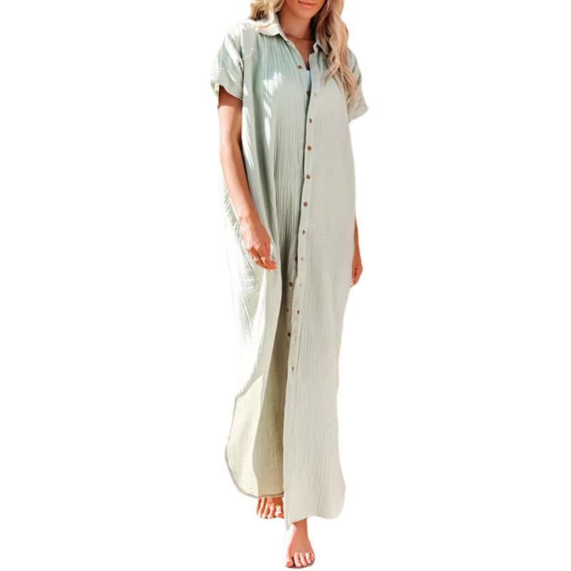 Women Maxi Shirt Dress Short Sleeve Button Down Long Kimonos Cardigans Side Slit Loose Cover Up Beach Sundress