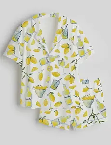 2026 Women’s Watercolor Lemon & Limoncello Satin Pajama Set, Floral Print Short Sleeve Sleepwear blue rose pajamas floral pajamas rose pajama set aesthetic pajamas flower sleepwear cute pajama set women pajamas summer pajamas