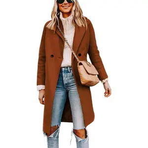 Women’s mid-length pea coat trench coat in a wool blend with notch lapels and double-breasted closure