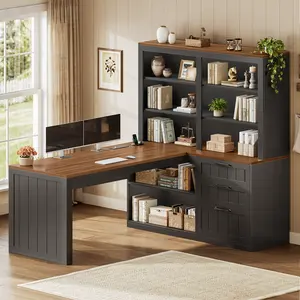 SEDETA 59 Inch Farmhouse Corner Computer Desk Wood Office L Shaped Desk with 3 Drawers 5-Tier Bookshelf Storage Shelves Power Outlet for Small Space