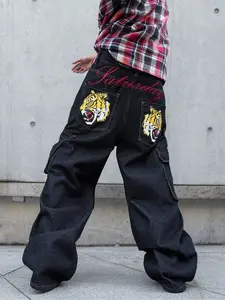 Men's street-style Streetwear utility cargo Classic trendy straight-leg wide-leg Denim jeans, featuring letter embroidery and animal prints, combining practicality and aesthetics, perfect for men's daily wear.