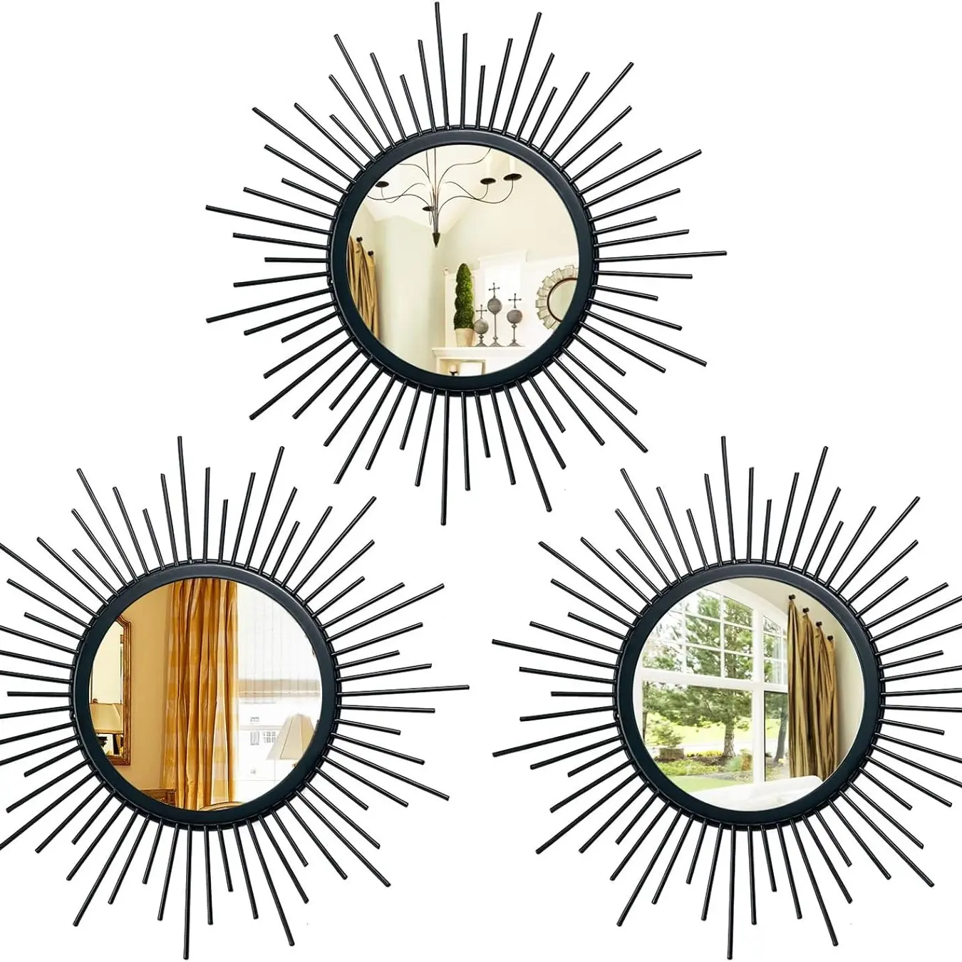 Sunburst Mirrors Set 3 Black-12 Inch