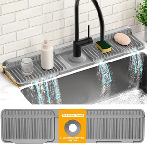 24 Inch Faucet Mat for Kitchen Sink Splash Guard Behind Faucet, Sink Protectors for Kitchen Sink Faucet Mat Splash Guard for Kitchen Sink Area, Longer Silicone Faucet Guard & Draining Mat, Grey