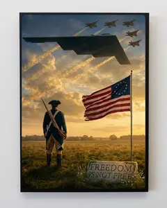 Freedom Is Not Free America 250th Anniversary Poster, Revolutionary War Soldier and US Flag Wall Art, B2 Spirit Aircraft Patriotic 1776 2026 Freedom