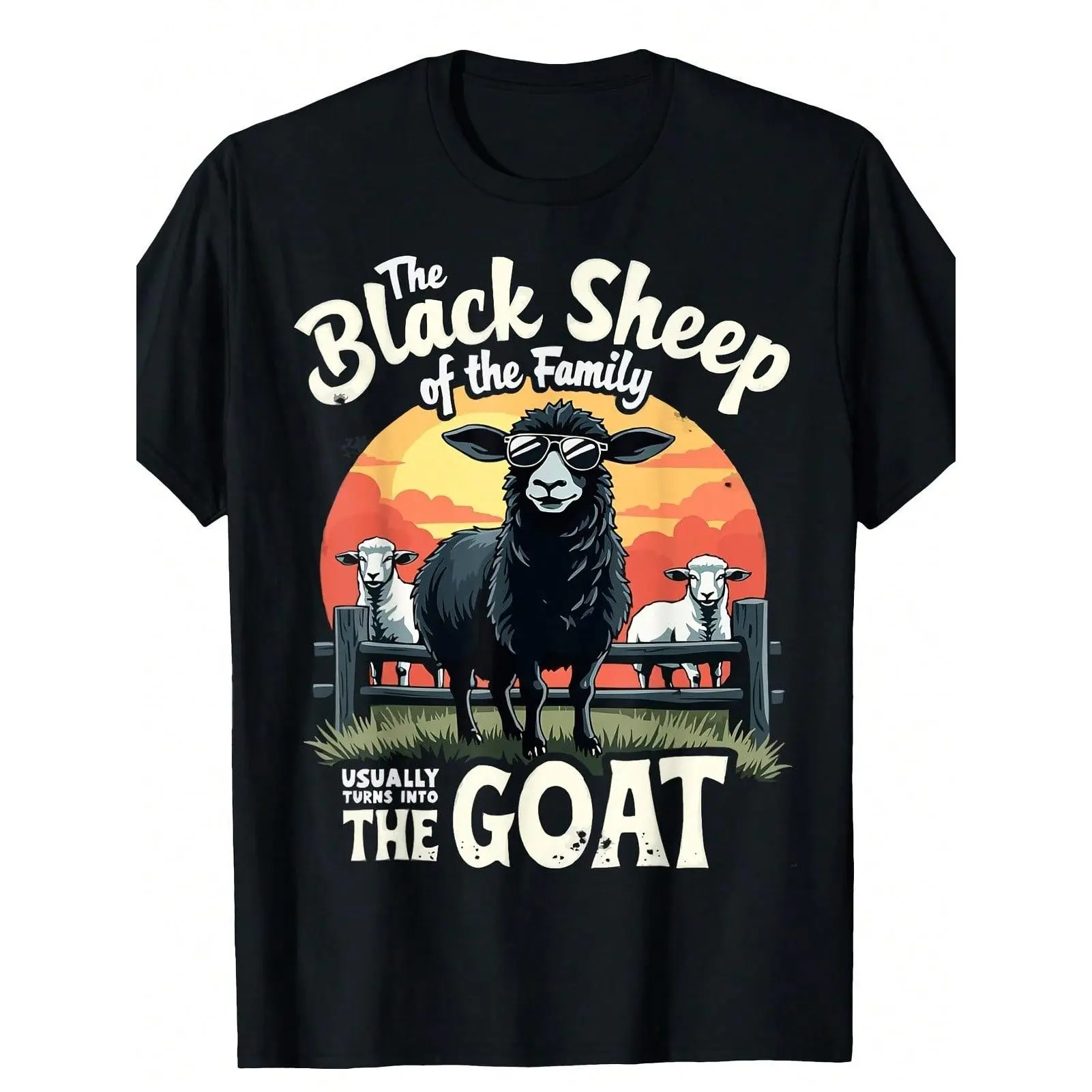 Menswear 100% Cotton Black Sheep Family Goat Graphic Tee - Casual Crew Neck Short-Sleeve Stretch Fabric Men's Top, Men's T-Shirt, Tops, Playful Cute, Round Neck, T-Shirt Top