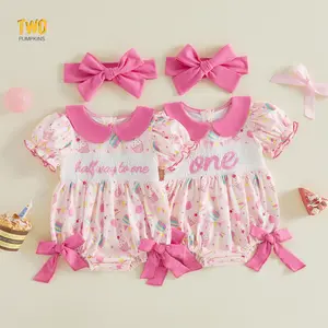 2pcs Baby Girls Summer Birthday Romper Cake Balloon Print Short Sleeve Doll Collar Jumpsuit With Headband