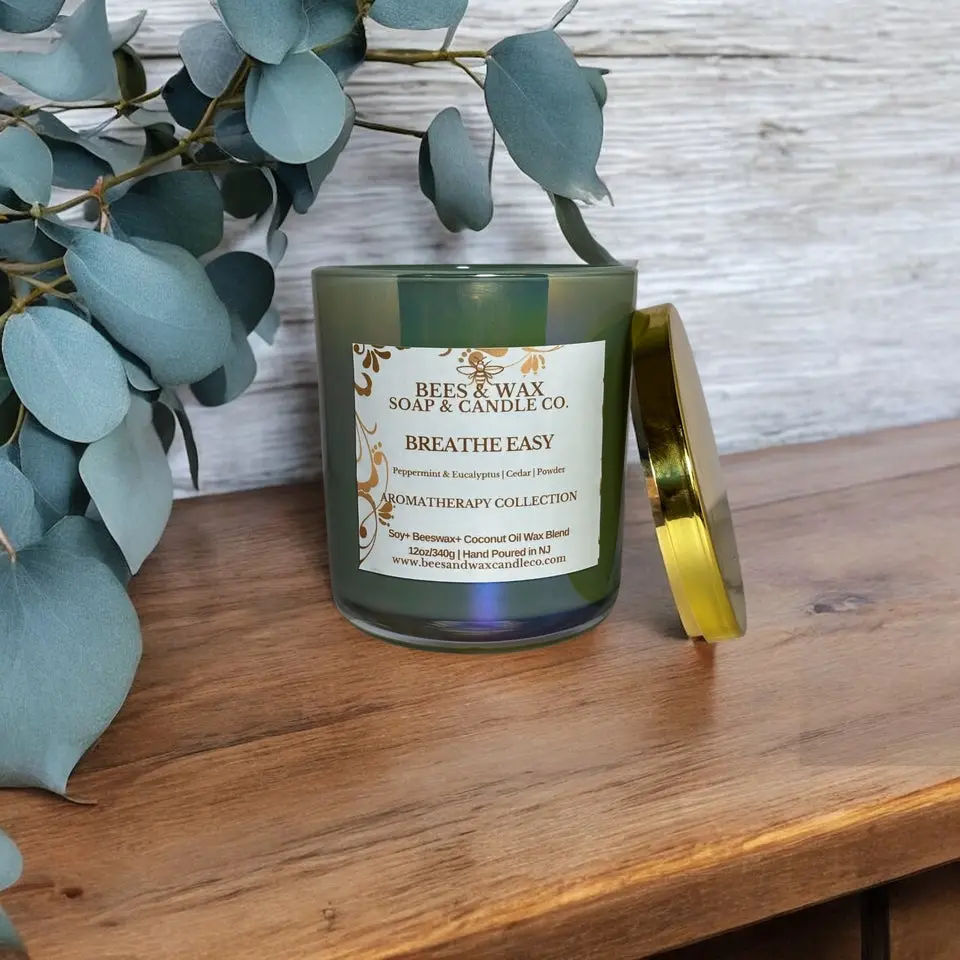 Breath Easy Aromatherapy Candles - All Natural Anti-Stress, Anxiety Relief, Bedtime Candles with Wooden Wick, Peppermint Eucalyptus Cedar Powder Scent, Glass Jar, Floral-Infused Home Decor for Rooms, Anti-Stress Candles