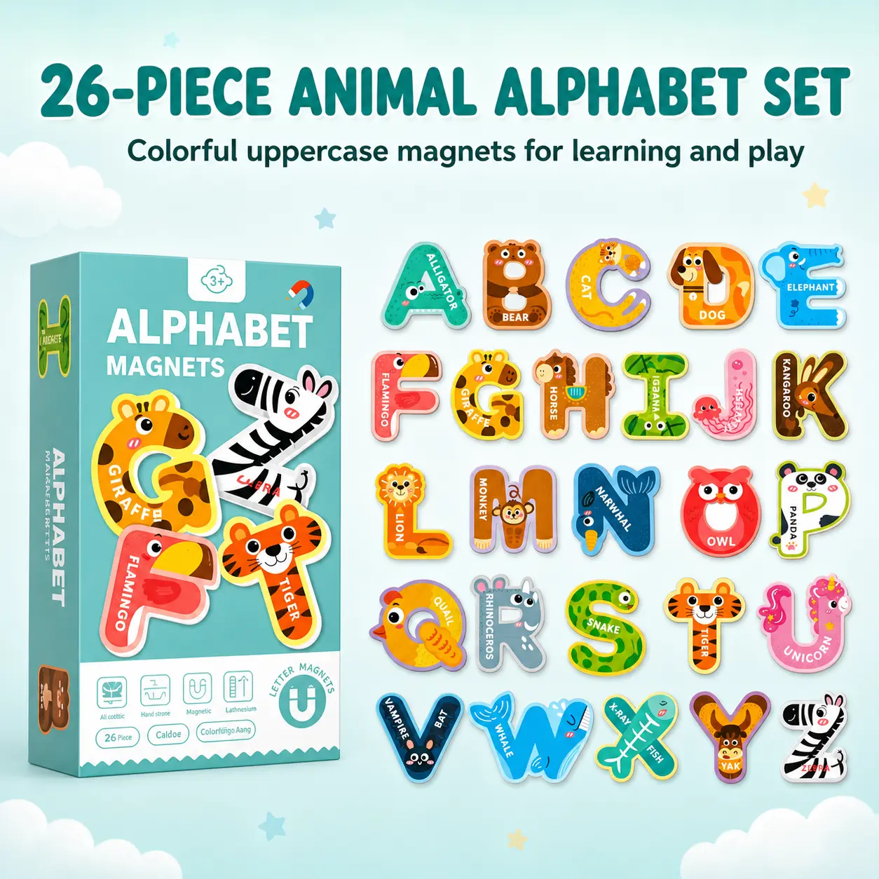 26-Piece Jumbo Thick EVA Uppercase Animal Letter Refrigerator Decorating Magnets Set, Thicker Letters, Smooth, Detachable, Easy Grip, Vegetable-Themed Home Decor Gift for 3-5 Aged Toddlers, Builds Early Skills, Animal ABCs Spark Curiosity, Home Supplies