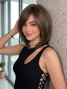 10-Inch Short Straight Synthetic Hair Wig, Side Part Bangs, Natural Look, Heat-Resistant Fiber, Versatile Style for Women, Daily Wear, Events