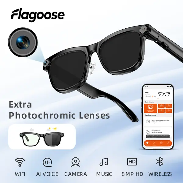 Flagoose AI Smart Glasses with Camera 8MP HD Video and 1080P Photo Recording for Men and Women with Button Touch Adjustment AI Translation Voice Assistant for Outdoor,Cycling, Climbing, Skiing, Work and Daily‑life Recording Gift for Him Mens Birthday