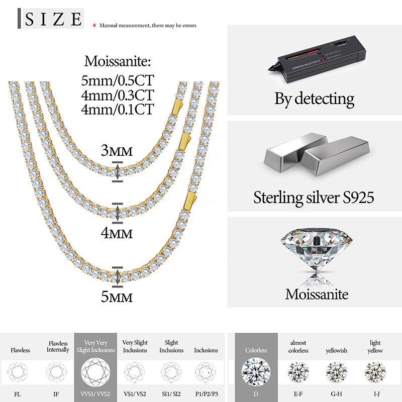 High-Quality VVS1 Iced Out Moissanite Tennis Necklace 925 Sterling Silver Diamond Necklaces For Men Women Pass Diamonds Test