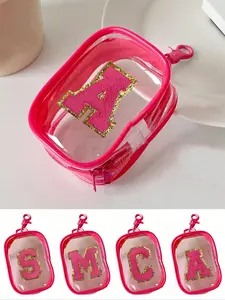 Portable Mini Transparent Zipper Storage Bag Pouches, Rose Red Towel Embroidered Letters A-Z, Compact Multifunctional Portable Organizer Storage Device, Headphone And Charger Case With Keychain, Transparent Travel Accessories, Accessory Pouch