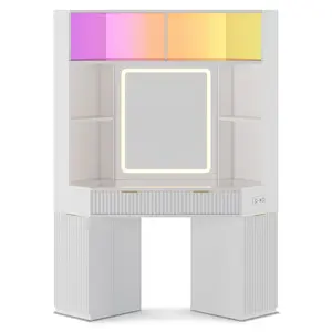Makeup Vanity with Sound Sync LED Lights and Glass Top White