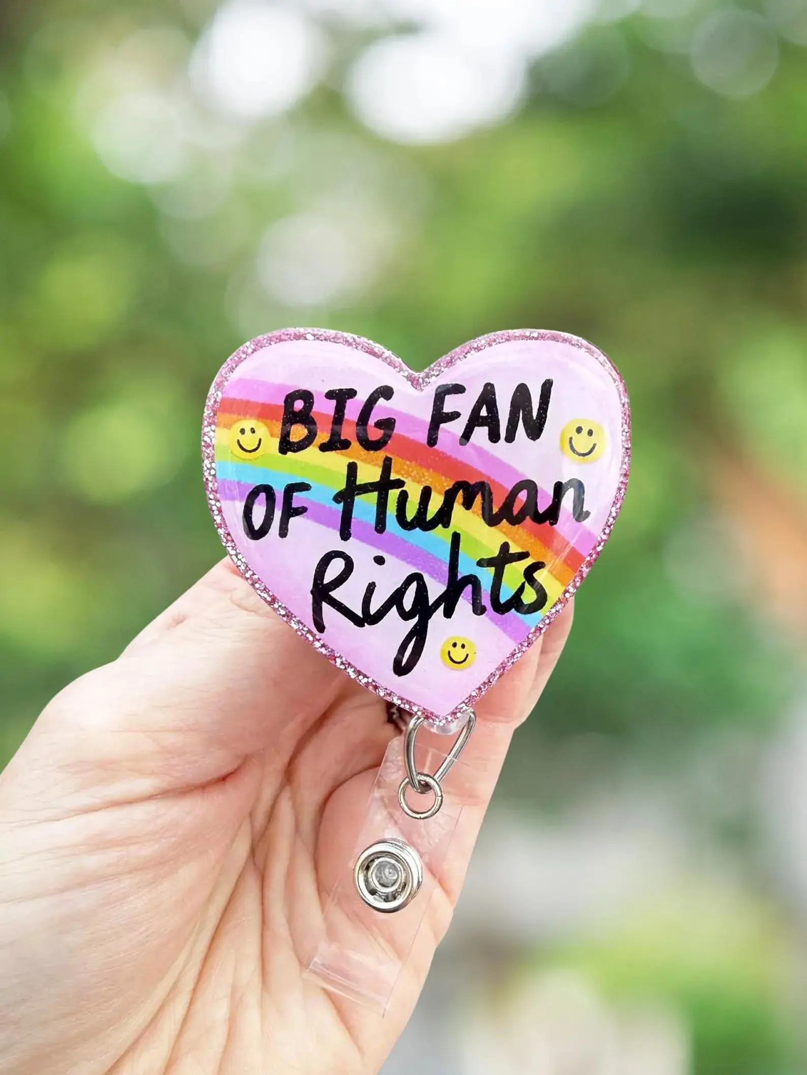 Big fan of human rights retractable badge reel, rainbow heart badge holder, ID clip