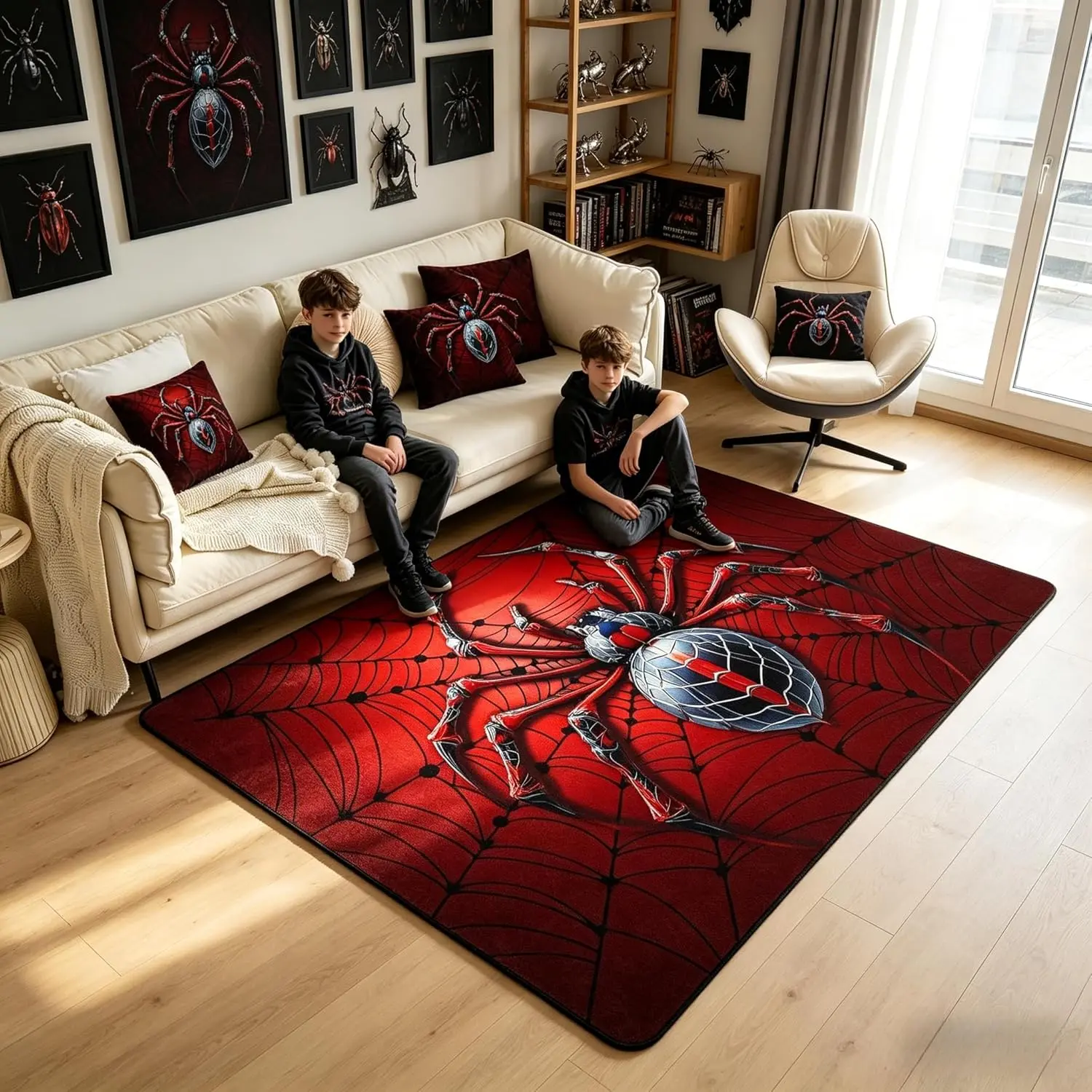 Spider Web Area Rug,Red Spider Arachnid Insect Animal Indoor Floor Mat Entrance Rug,Happy Halloween Trippy Non Slip Rug,Blue Black Fashion Couch Living Room Decor