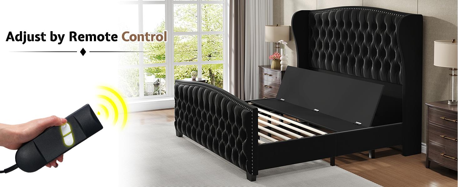 [Ships in 2 Boxes] AMERLIFE Adjustable Bed Frame, 50.8"H Velvet Upholstered Bed with Wingback Headboard and Deep Button Tufting, Platform Bed Frame with Dual Motor, Remote Control,No Box Spring Needed/Best Gift Ideas/Christmas Gifts