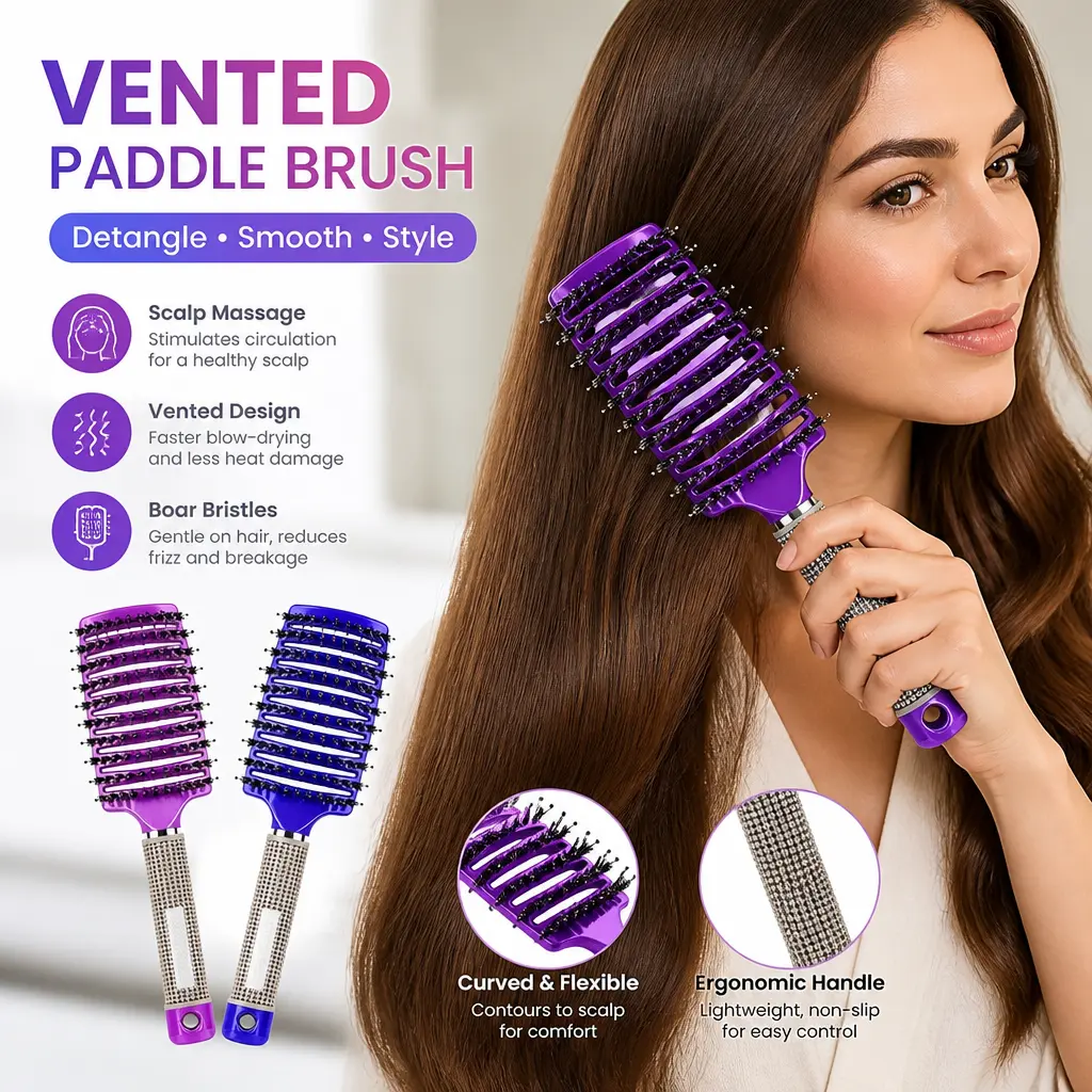2pcs Crescent-Shaped Detangler Hairbrush Set - Flexible Bristle Hair Brush, Anti-Tangle Design, Curly/Straight Hair Use, Wet/Dry Compatibility, Breakage & Split Ends Reduction - Mid-Year Sale Restock Deals