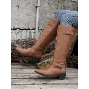 Women's Vintage British Motorcycle Boots, Large Size Chunky Heel Square Buckle Side Zip Long Western Boots, Boots