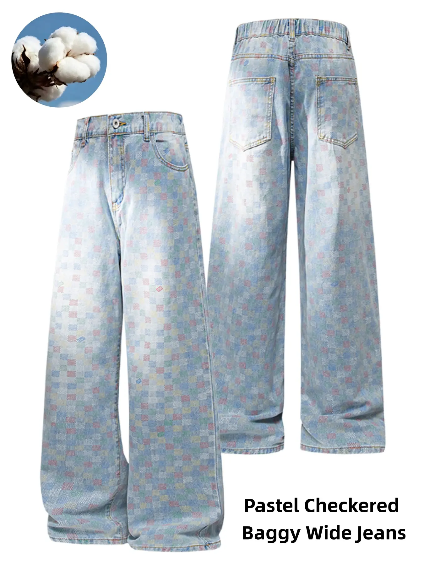 Men's Pastel Checkered Wide Jeans, Vintage Light Wash Multicolor Check Print Wide Leg Denim Pants, Aesthetic Streetwear Jeans, Elastic Back Waist Non‑Rip Casual Bottoms For Skater Hip Hop Urban Trendy Outfits