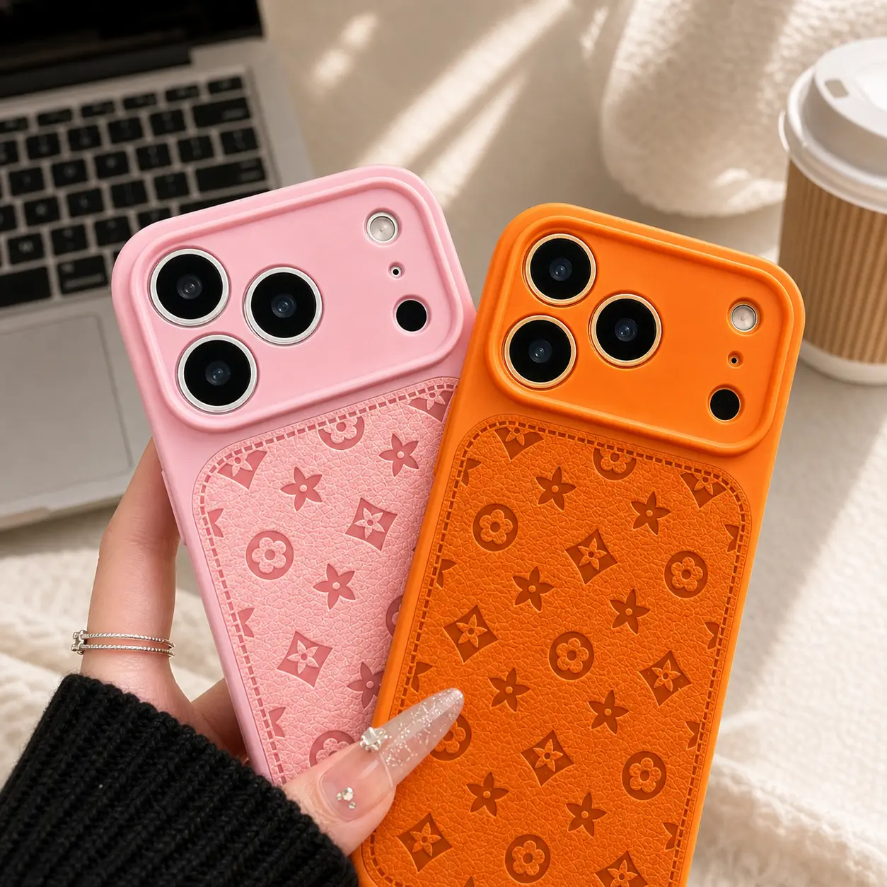 Junk Phone Case for iPhone 17/16/15/14/13 Pro Max, Cute Embossed Floral Pattern Protective Cover With Raised Camera Guard