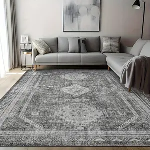 Luxurious Large Area Rug - Non-Slip, Machine Washable, Low Pile Chenille Print, Soft and Durable, Gray - Perfect for Bedroom, Dining Room, Home Office, and Hallways