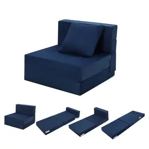 Convertible Folding Sofa Bed with Pillow - Single Size Memory Foam Futon Sleeper - Portable collapsible Mattress Floor Sofa for Living Room, Bedroom, Guest Room - Washable Cover - Blue