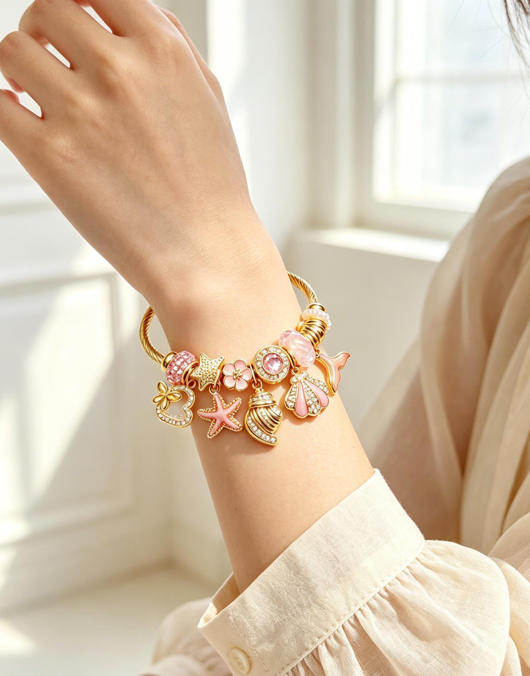 Pink Gold Tone Ocean Theme Charm Bangle, Adjustable Open Cable Wire Bracelet with Starfish, Seashell, Mermaid Tail, Heart Pendant, Transparent Pink Crystal Rhinestone Beads, Dainty Beach Jewelry Gift for Women Pink Gold Tone Ocean Theme Charm Bangle, Adjustable Open Cable Wire Bracelet with Starfish, Seashell, Mermaid Tail, Heart Pendant, Transparent Pink Crystal Rhinestone Beads, Dainty Beach Jewelry Gift for Women