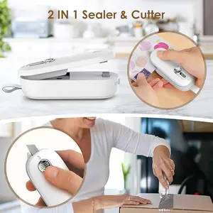 2 IN 1 Mini Bag Sealer Heat Seal with Cutter, Portable Bag Resealer Handheld with Lanyard Heat Sealer for Chip Bags Food Storage (2 AA Battery Included) White