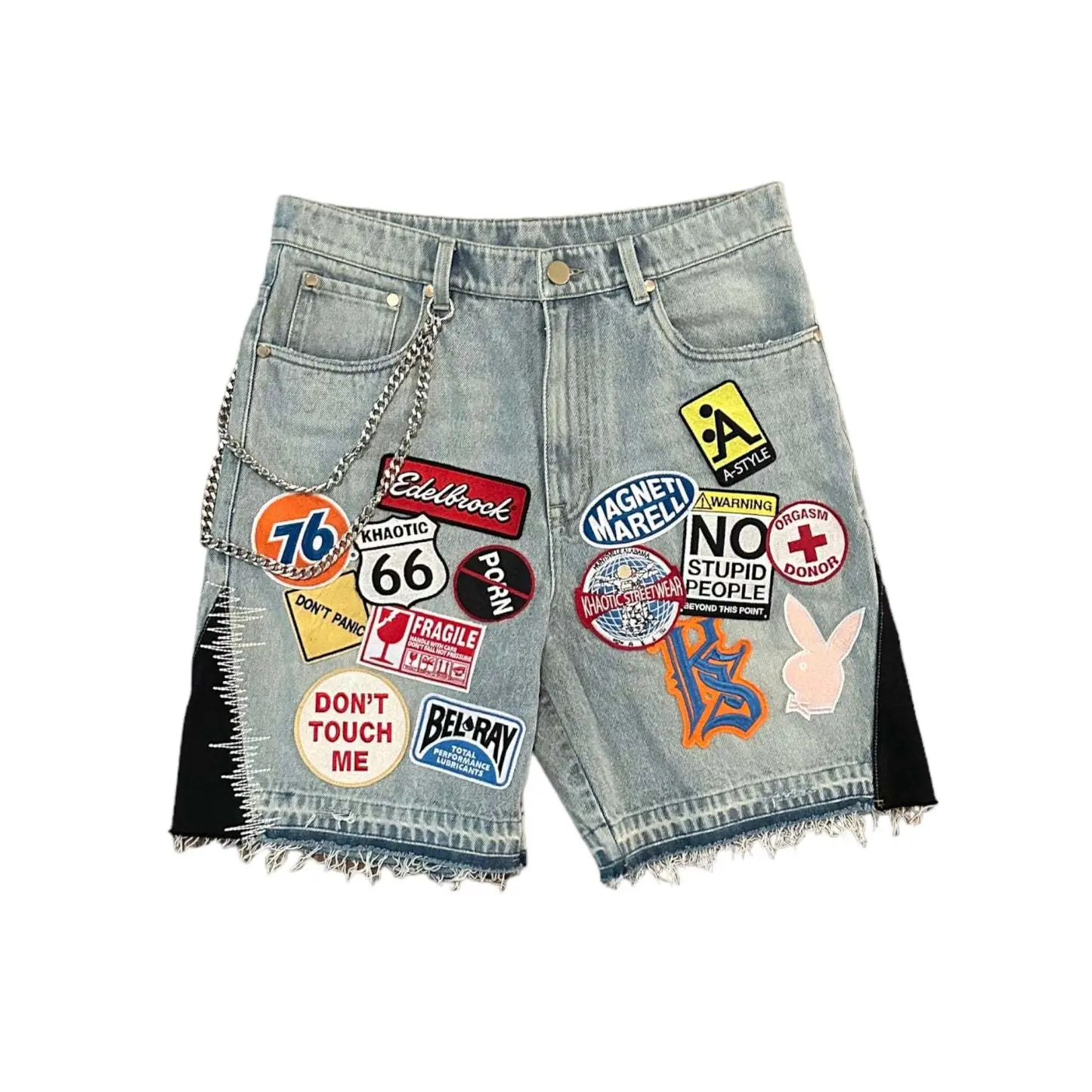 Free postage】New Hip-Hop Personality Street Retro Embroidery Patch Denim Shorts Loose Metal Decoration Men And Women Spring And Summer