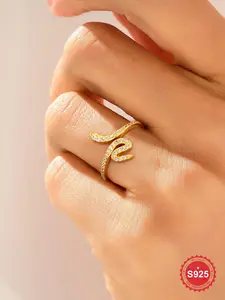 S925 Sterling Silver Snake Design Adjustable Ring, Rhinestone Decorated Ring for Women, Fashion Jewelry Accessories for Party, Daily Decor, Trendy All-match & Exquisite Jewelry for Birthday Gift