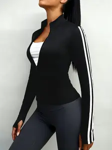 Women's Side Stripe Sport Jacket, Full Zip Design, Slim-Fit, Long Sleeve, All Seasons, Ideal for Running, Fitness, Yoga, Daily Wear