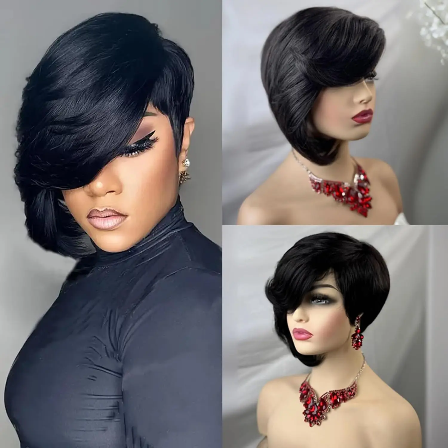 Women's 1B Natural Black Real Human Hair Short Pixie T-Part Lace Full Wig - Glueless Layered with Bangs, Medium Size, Chic Fashion Accessory for Casual Wear